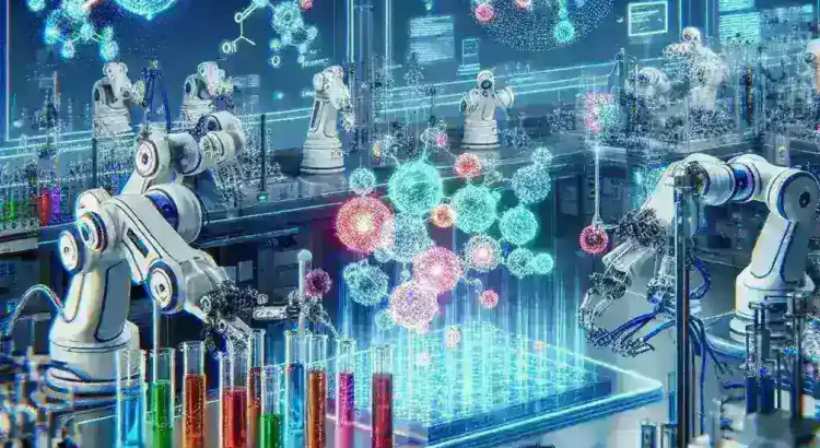 "AI-powered robotic lab researchers autonomously developing next-generation antiviral compounds in a high-tech facility."
